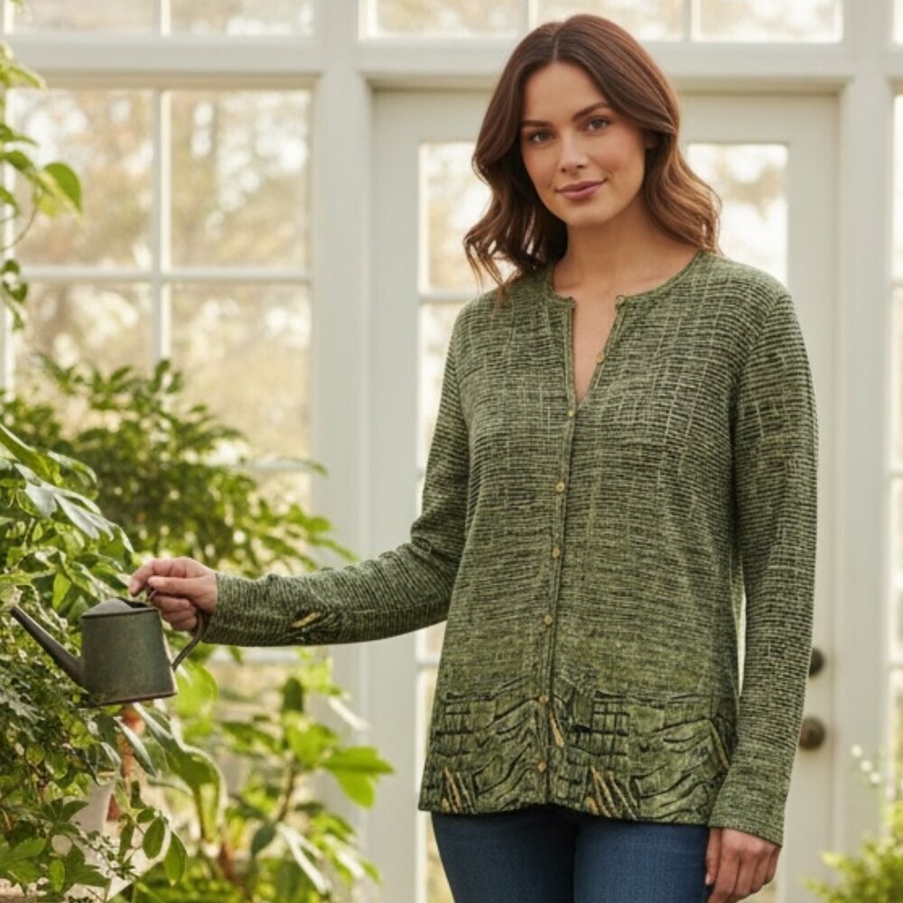 Pleat Pleat Rafael Button Down Stretch Top/Cardigan S Green #213J